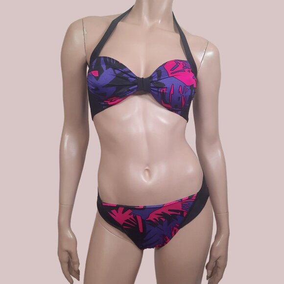 Vintage 90s High Cut Bikini Set Size XS Hot Pink Purple Black 2 Piece Halter - Picture 1 of 12